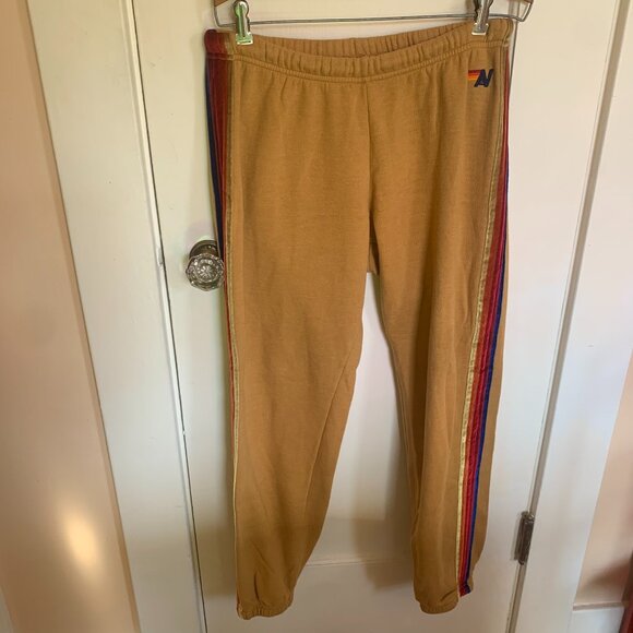 AVIATOR NATION 5 Stripe Sweatpants Joggers L Gold Khaki Velvet Retro Athleisure - Picture 7 of 7